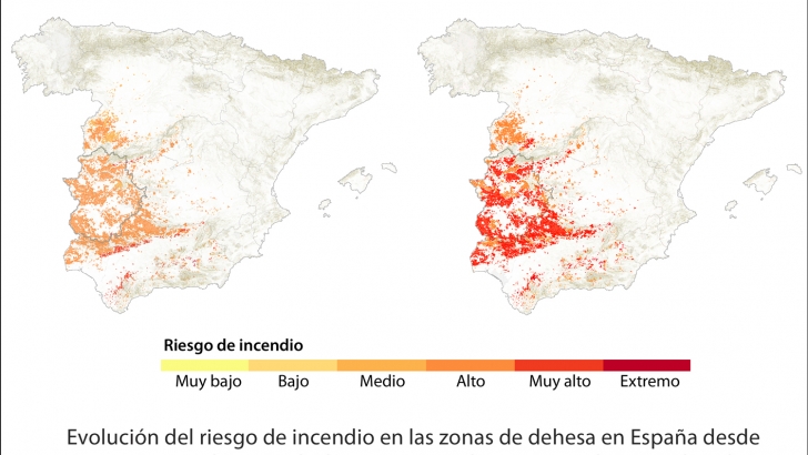 mapa comparativo evolucion riesgos de incendios en dehesas