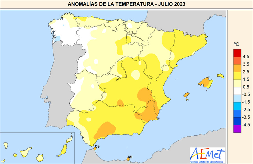Anomalias de temperatura registradas en julio de 2023