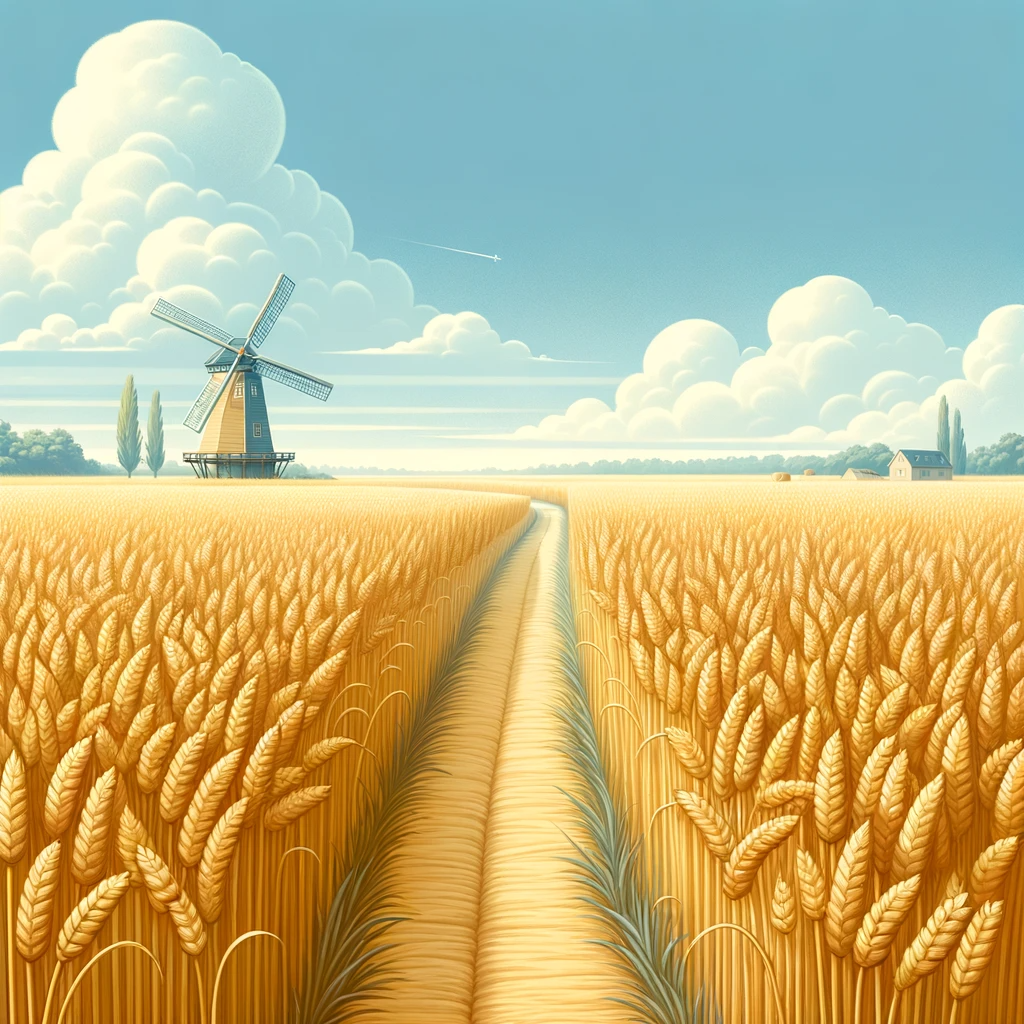 DALL·E 2023 10 30 21.53.08 Illustration of a serene wheat field under a clear blue sky. The golden wheat stalks are dense and stretch out as far as the eye can see. A narrow dir