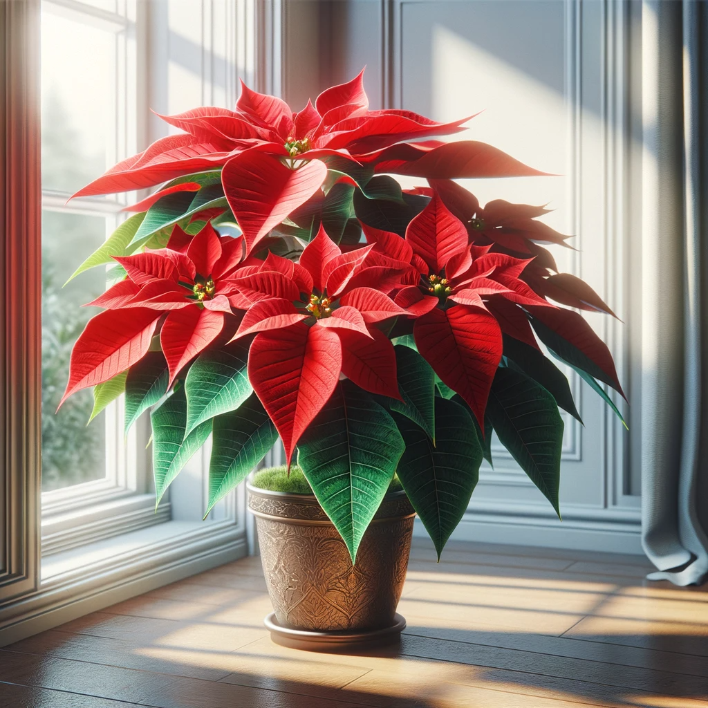 DALL·E 2024 01 05 09.19.01 A vibrant and healthy Poinsettia Euphorbia pulcherrima plant with bright red leaves and green foliage displayed in a decorative pot. The plant is