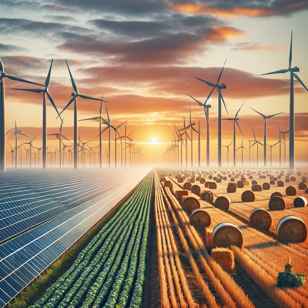DALL·E 2024 01 19 14.20.45 Una imagen que captura el dilema entre la expansion de energias renovables y la preservacion del sector agricola en un paisaje rural. Mostrar una mita