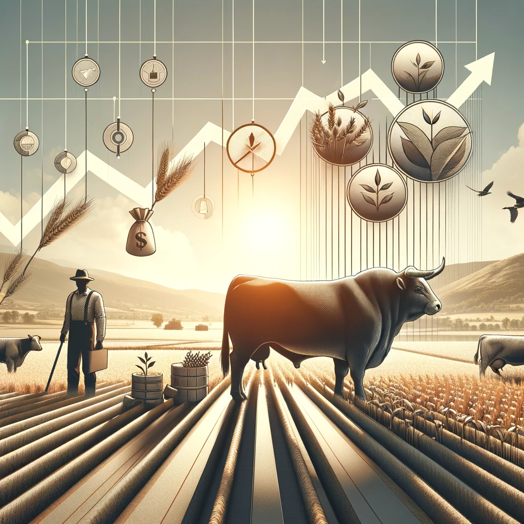 DALL·E 2024 01 24 17.57.23 Create an image that depicts a conceptual representation of the agricultural sector in Spain focusing on the theme of fluctuating prices paid and rec