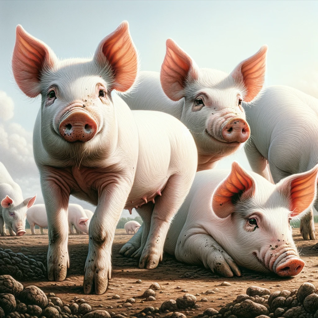 DALL·E 2024 02 29 18.10.42 Illustrate four white pigs in the foreground with vivid detail and personality. Each pig is distinct in posture and expression showcasing a range of