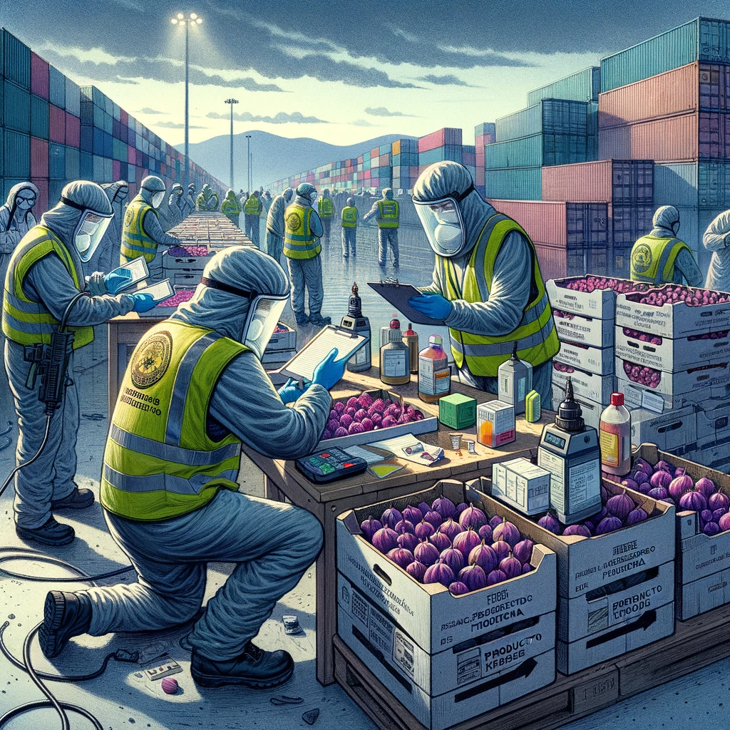 DALL·E 2024 03 06 17.58.16 Una ilustracion detallada que muestra el proceso de control en la frontera de las importaciones de fresas de Marruecos. La escena se desarrolla en un