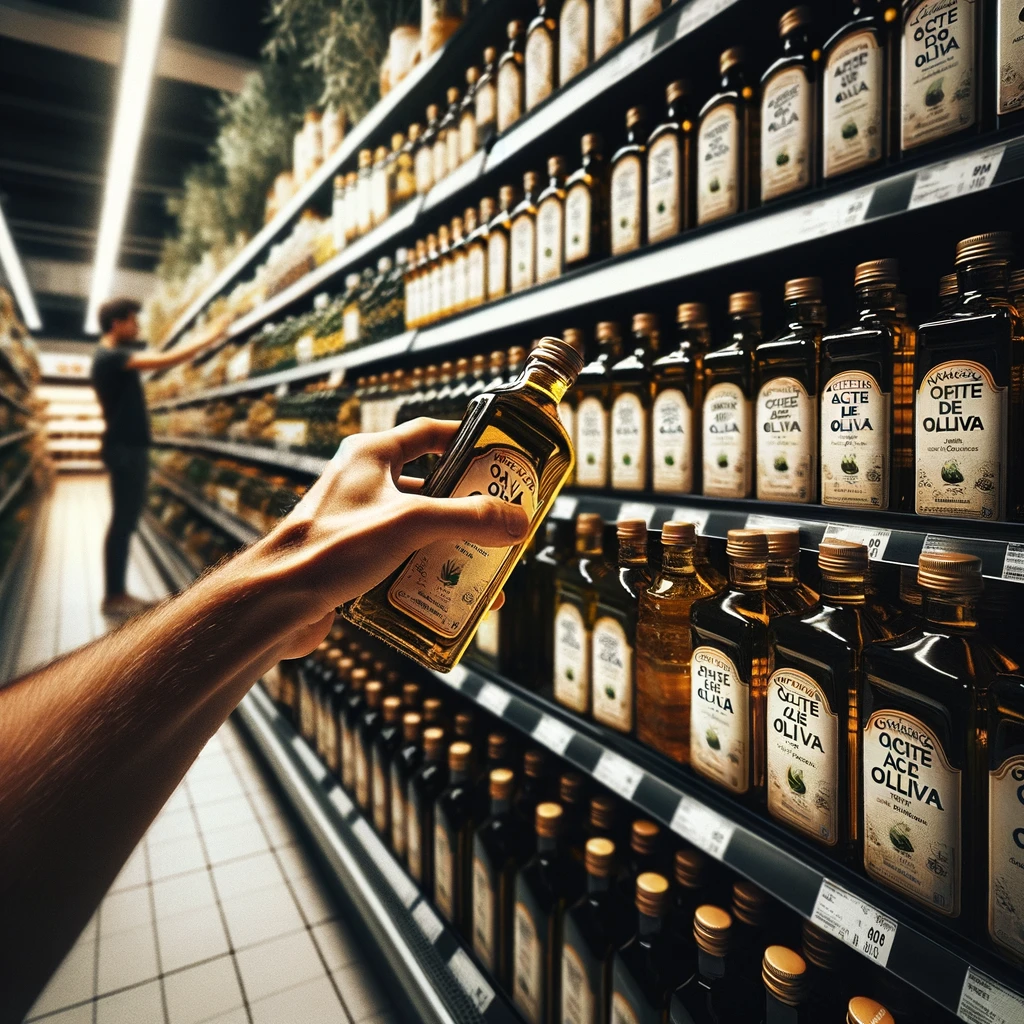 DALL·E 2024 03 07 10.39.09 Una imagen que capture el momento en que la mano de un consumidor se extiende para tomar una botella de aceite de oliva de un estante en un supermerca