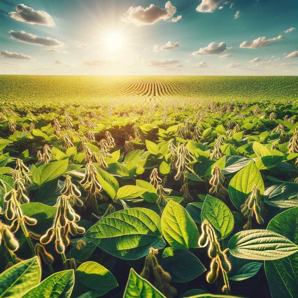 DALL·E 2024 03 17 09.48.14 An expansive view of a soybean field during the peak of summer under a high sun and clear skies. The field is covered in lush green soy plants with